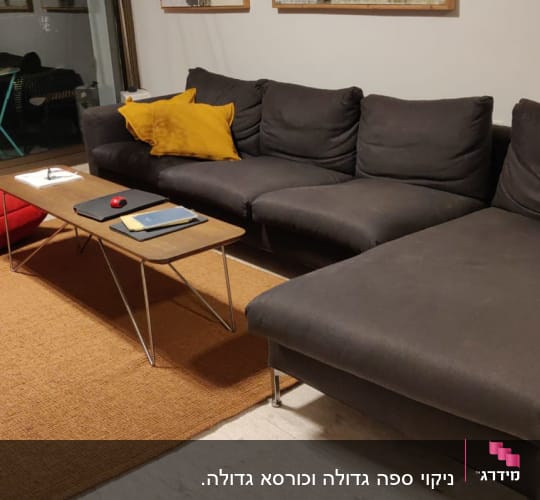ספה אפורה עם כרית צהובה ושולחן קטן